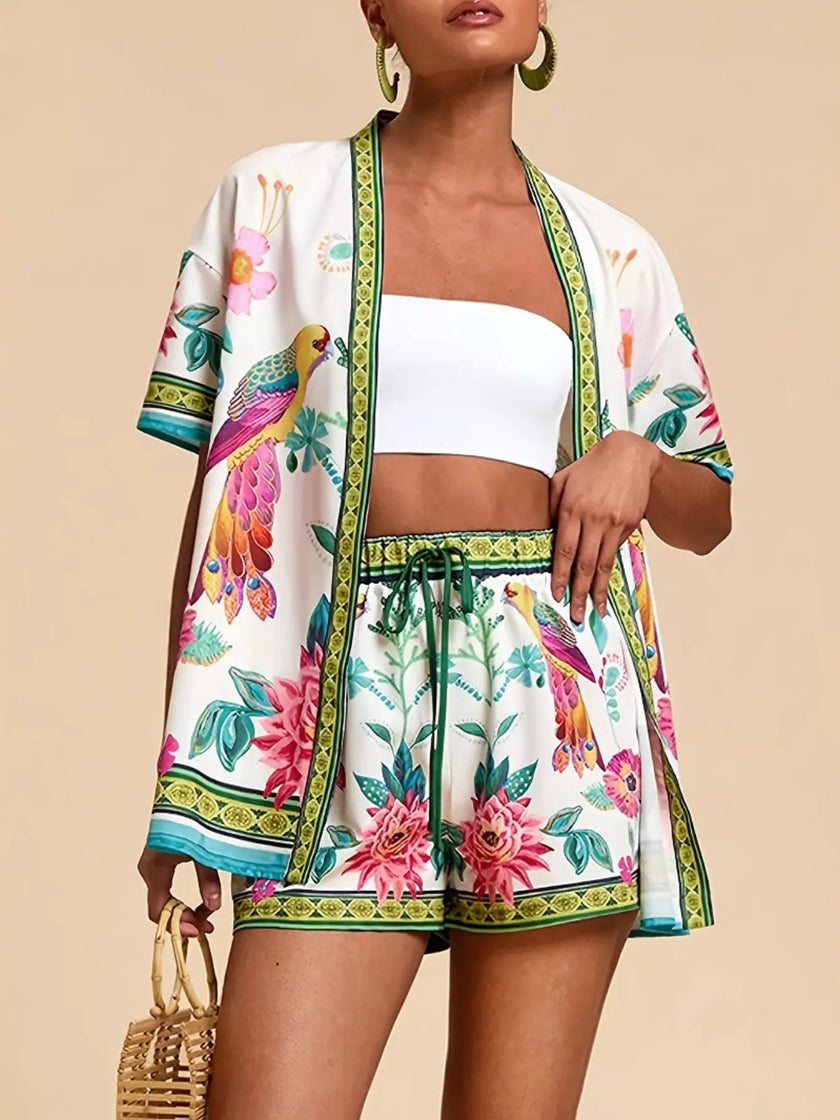 Printed Open Front Cardigan and Shorts Set  Style Ratio