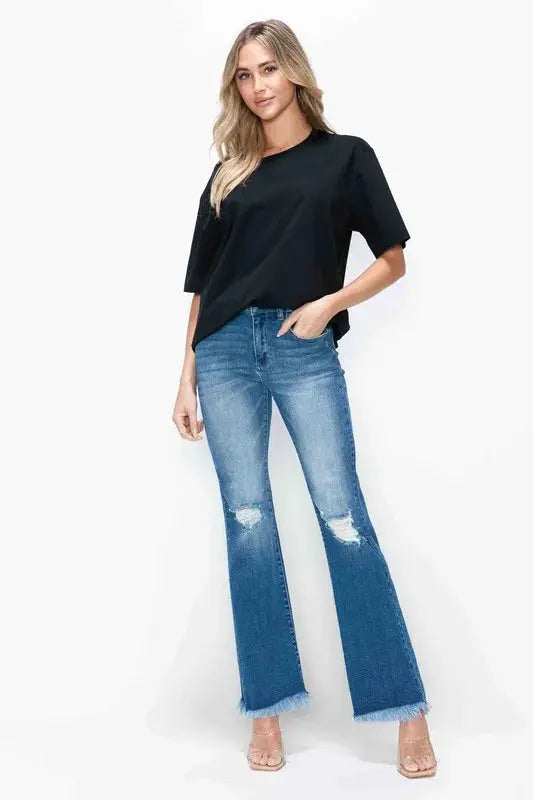 bytos Full Size Raw Hem Distressed High Rise Bootcut Jeans  Style Ratio