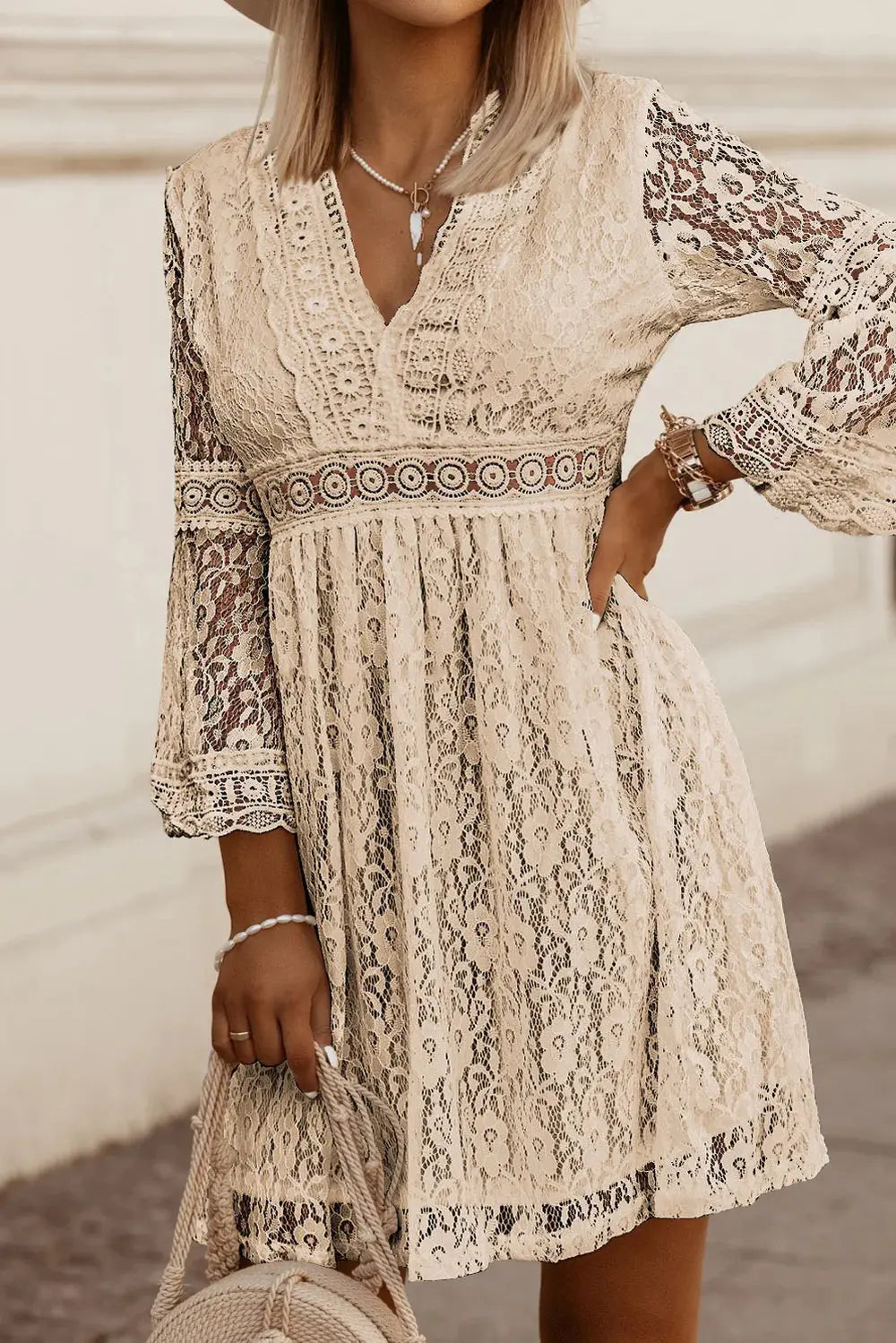 Lace V-Neck Three-Quarter Sleeve Dress  Style Ratio