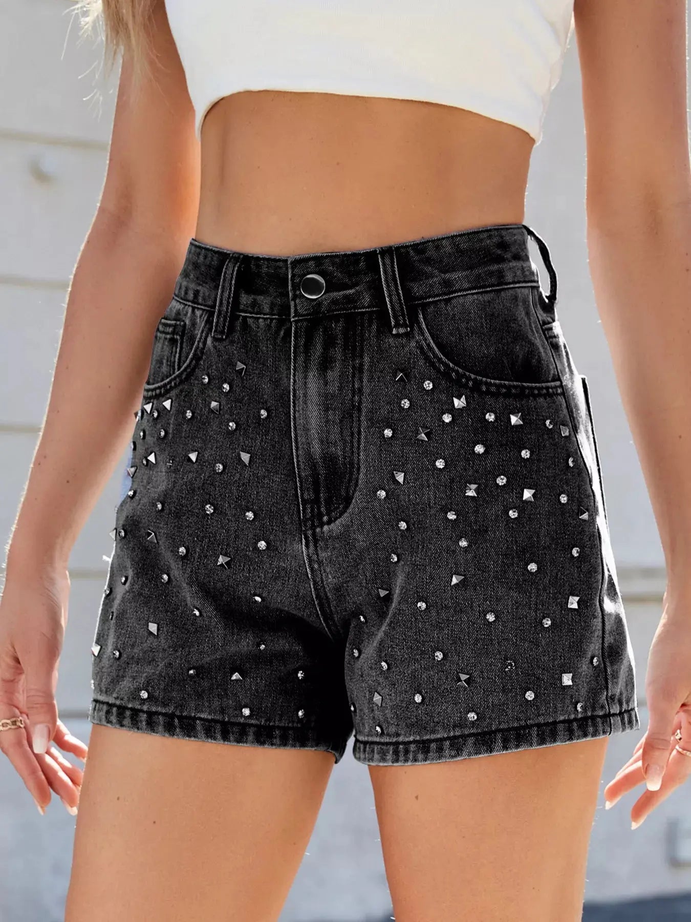 Studded High Waist Denim Shorts  Style Ratio