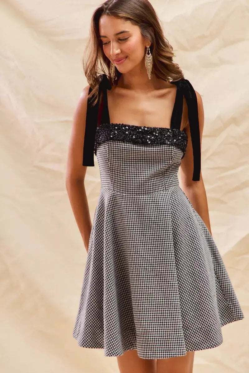 SO ME Houndstooth Fit Flare Mini Dress with Shoulder Tie  Style Ratio