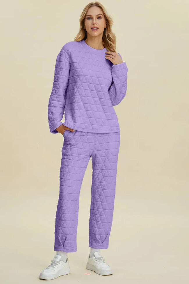 Double Take Full Size Texture Round Neck Long Sleeve Top and Pants Set  Style Ratio