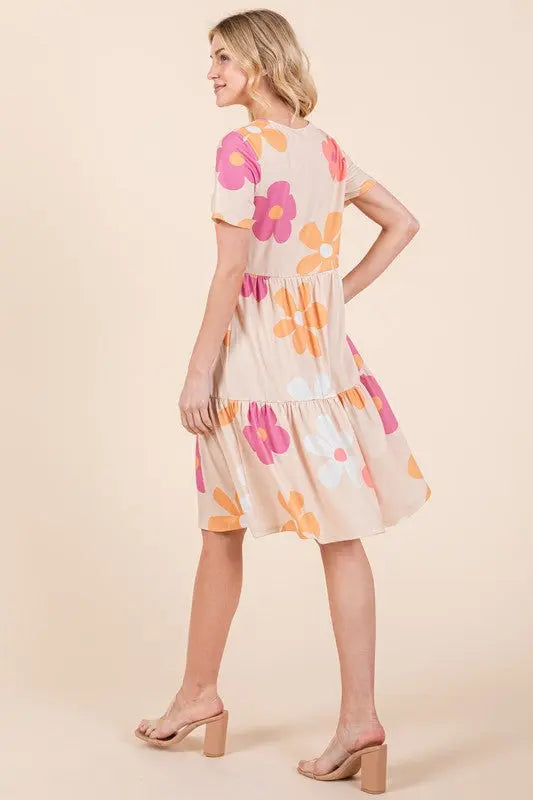 Bombom Floral Round Neck Short Sleeve Tiered Dress  Style Ratio