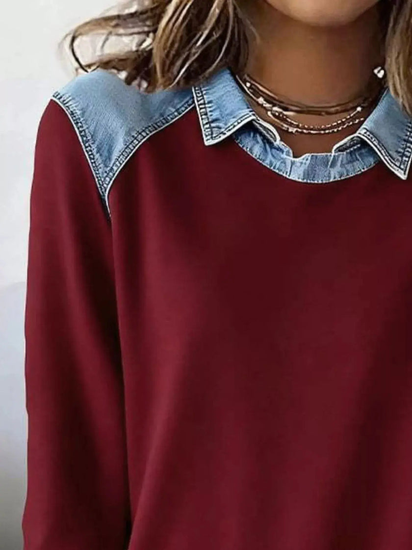 Full Size Denim Trim Long Sleeve Top  Style Ratio