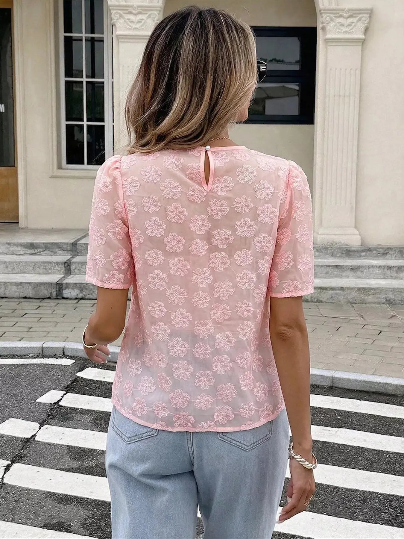 Floral Embroidered Pearl Trim Blouse  Style Ratio