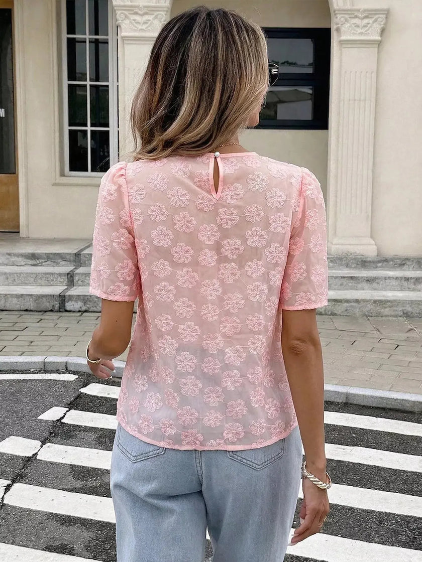 Floral Embroidered Pearl Trim Blouse  Style Ratio