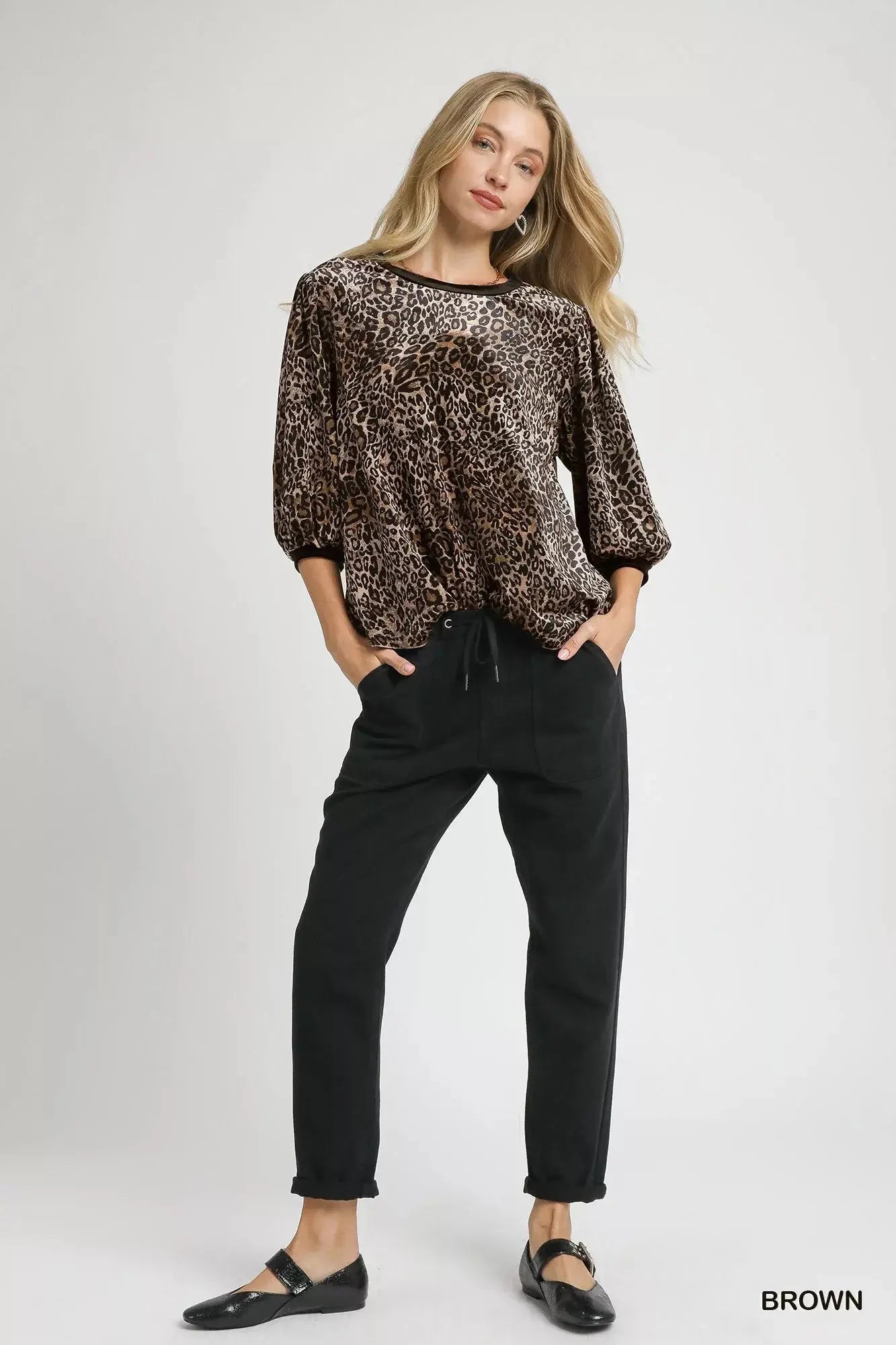 Umgee Leopard Round Neck Three-Quarter Sleeve Blouse  Style Ratio