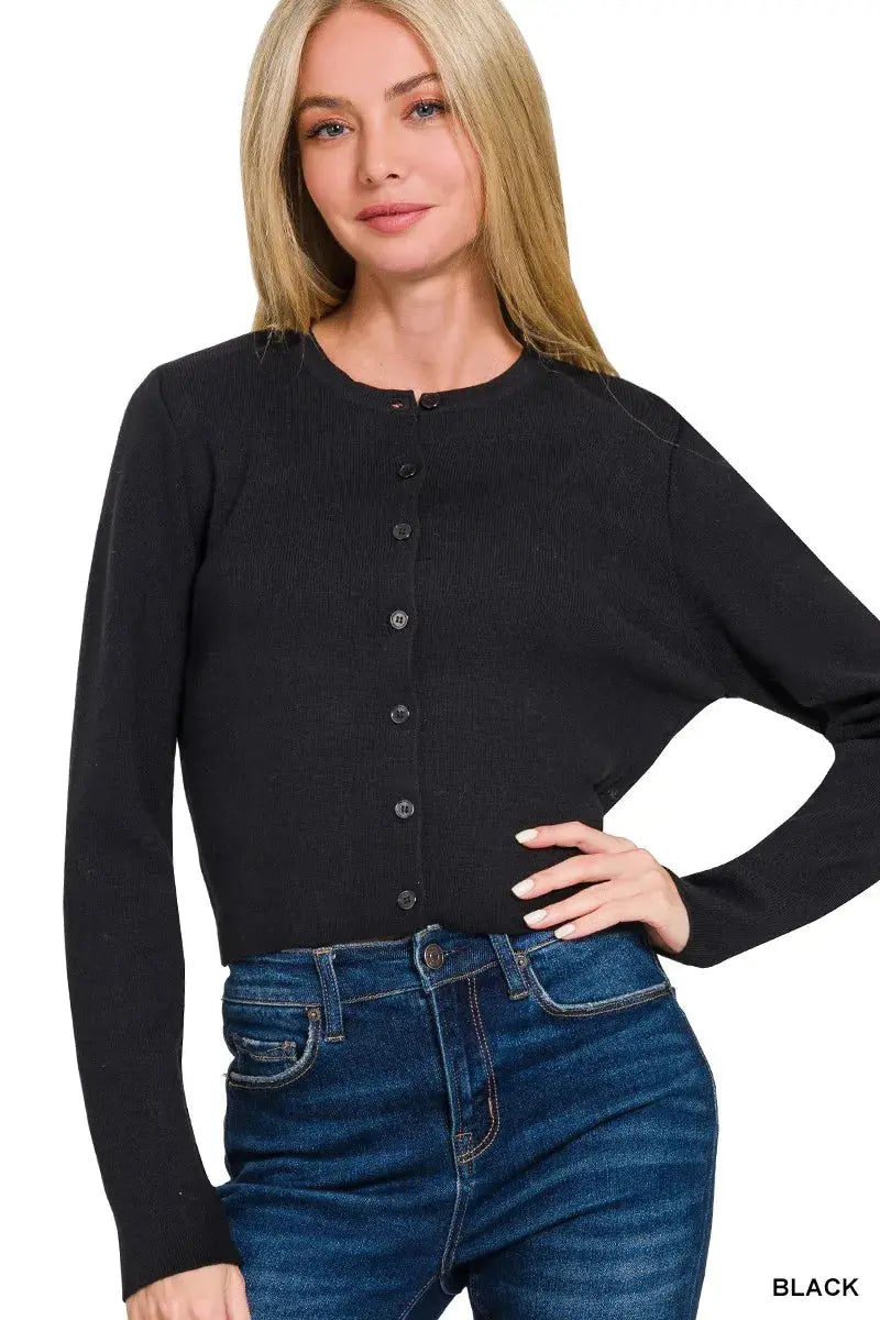 Zenana Button-Front Crewneck Long Sleeve Cropped Cardigan  Style Ratio