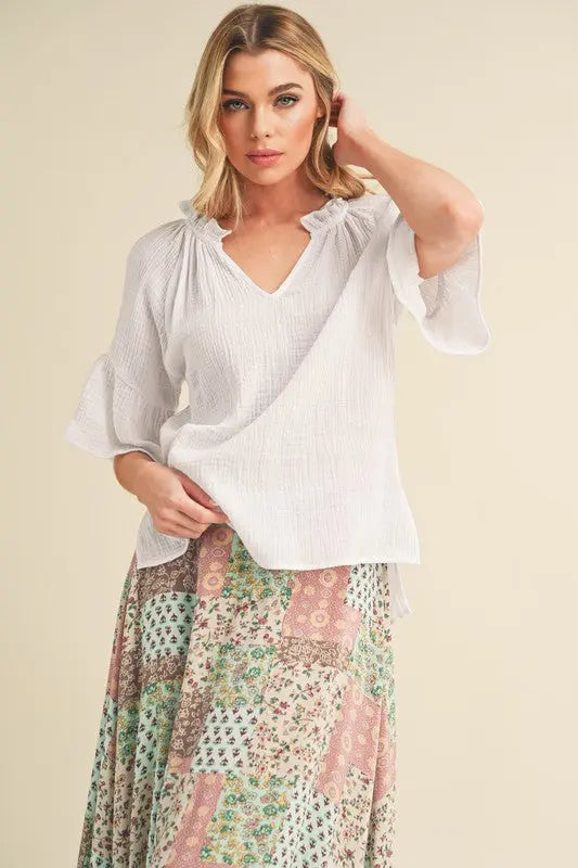 Aemi + Co Side Slit Notched Ruffled Half Sleeve Blouse  Style Ratio