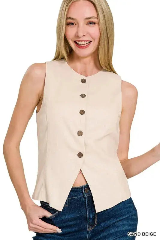 Zenana Linen Button Down Vest  Style Ratio