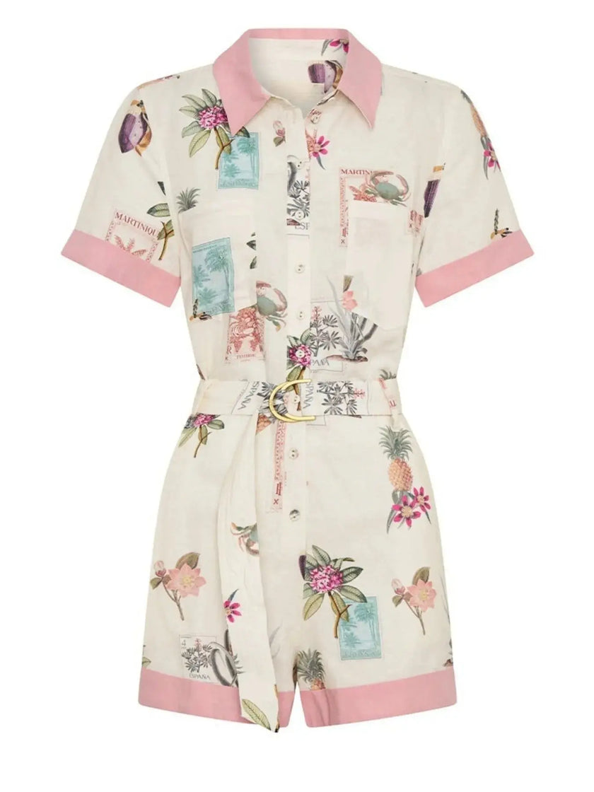 Printed Short Sleeve Romper with Belt  Style Ratio