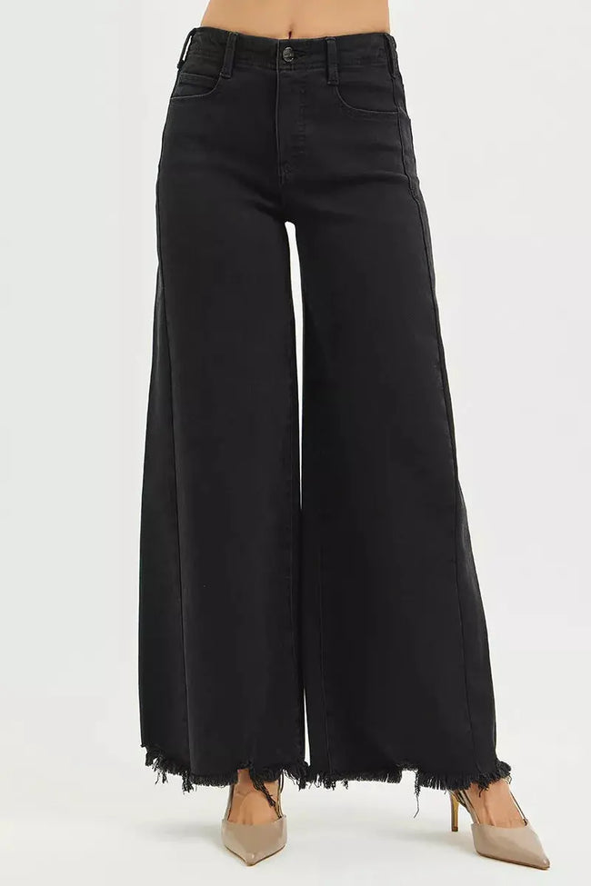 RISEN Tummy Control High Rise Palazzo Leg Frayed Hem Jeans  Style Ratio