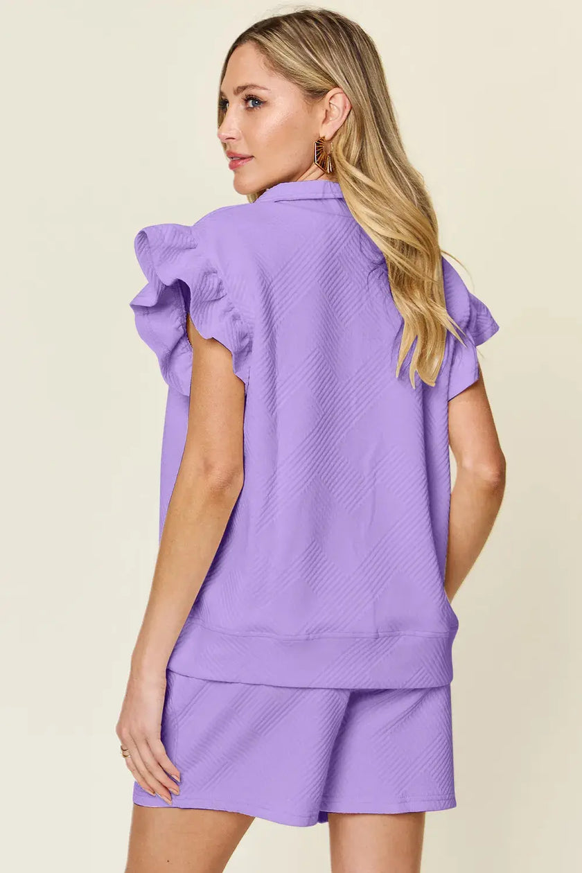 Double Take Texture Flounce Sleeve Top and Drawstring Shorts Set  Style Ratio