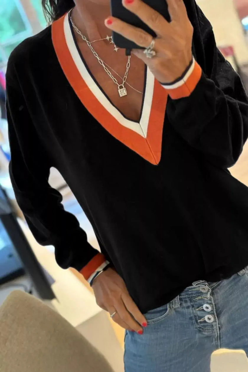 Contrast Striped Trim V Neck Varsity Sweater  Style Ratio