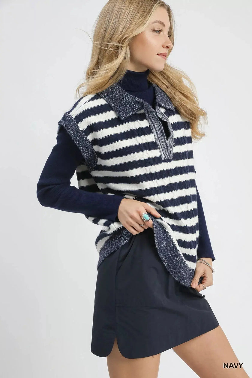 Umgee Cable Knit Collared Striped Vest  Style Ratio