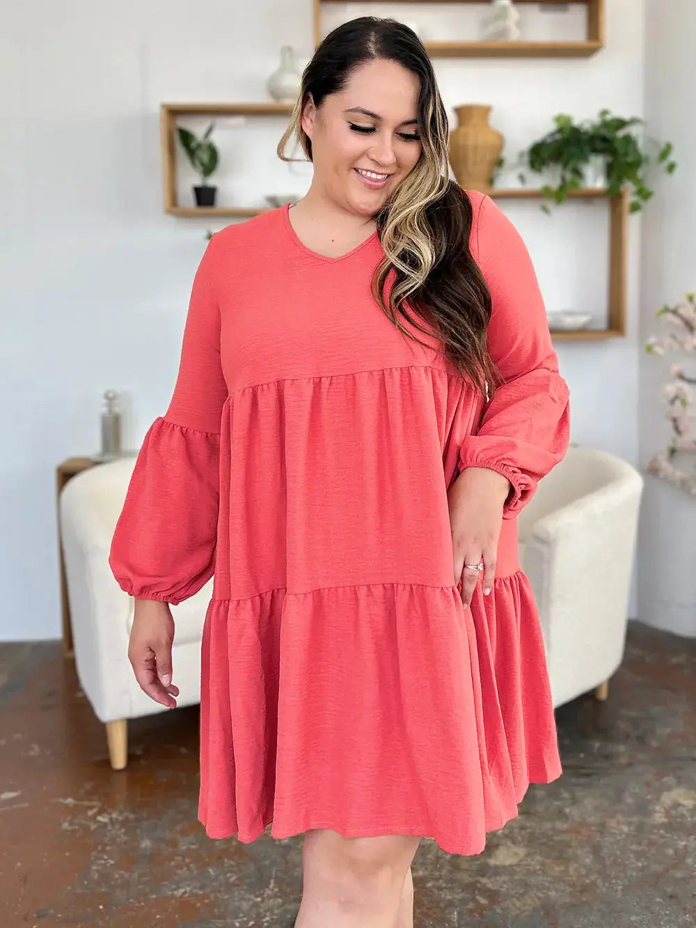 Double Take Full Size V-Neck Balloon Sleeve Tiered Dress with Pockets  Style Ratio