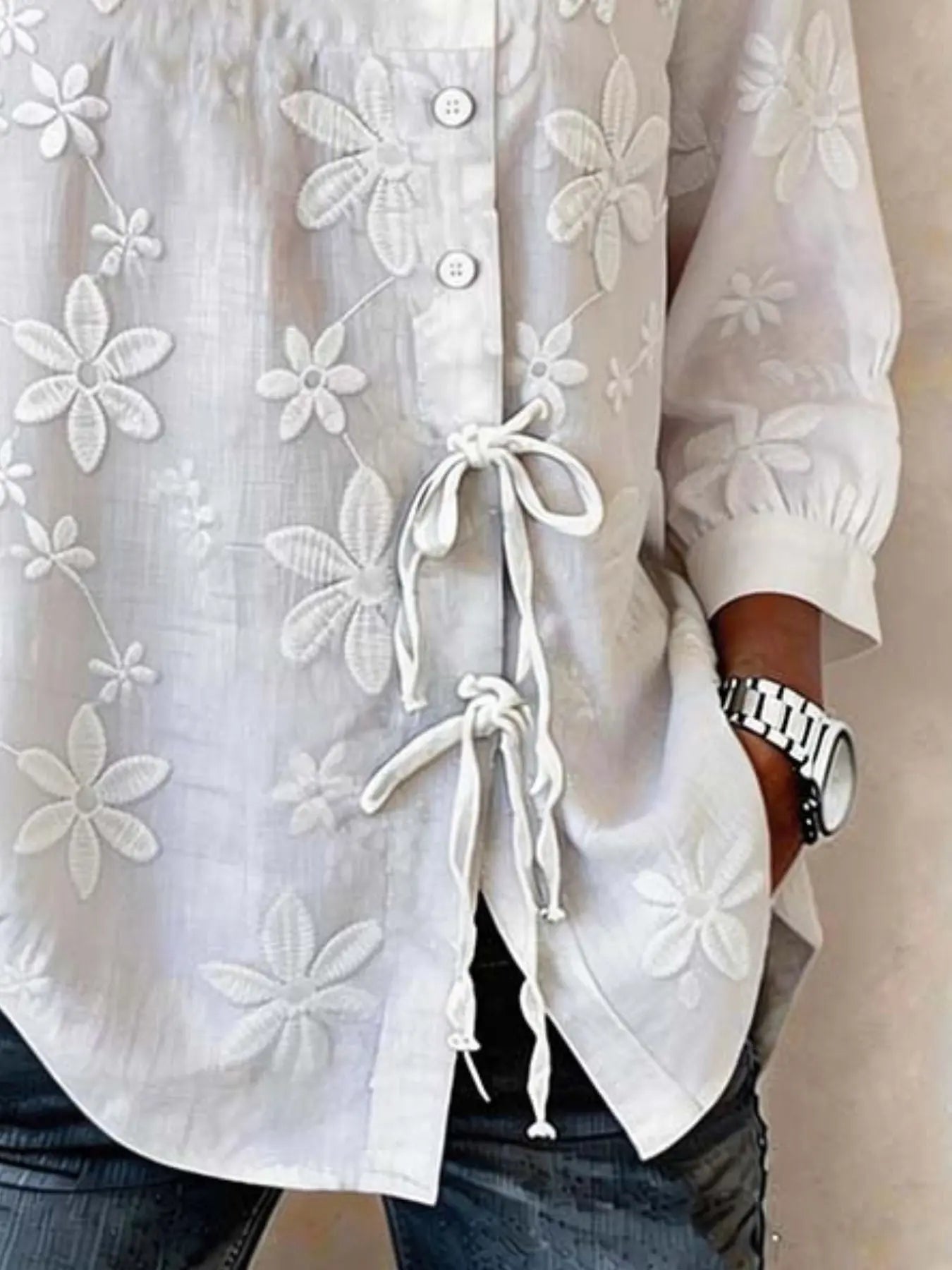 Full Size Floral Embroidered Button-Down Shirt  Style Ratio