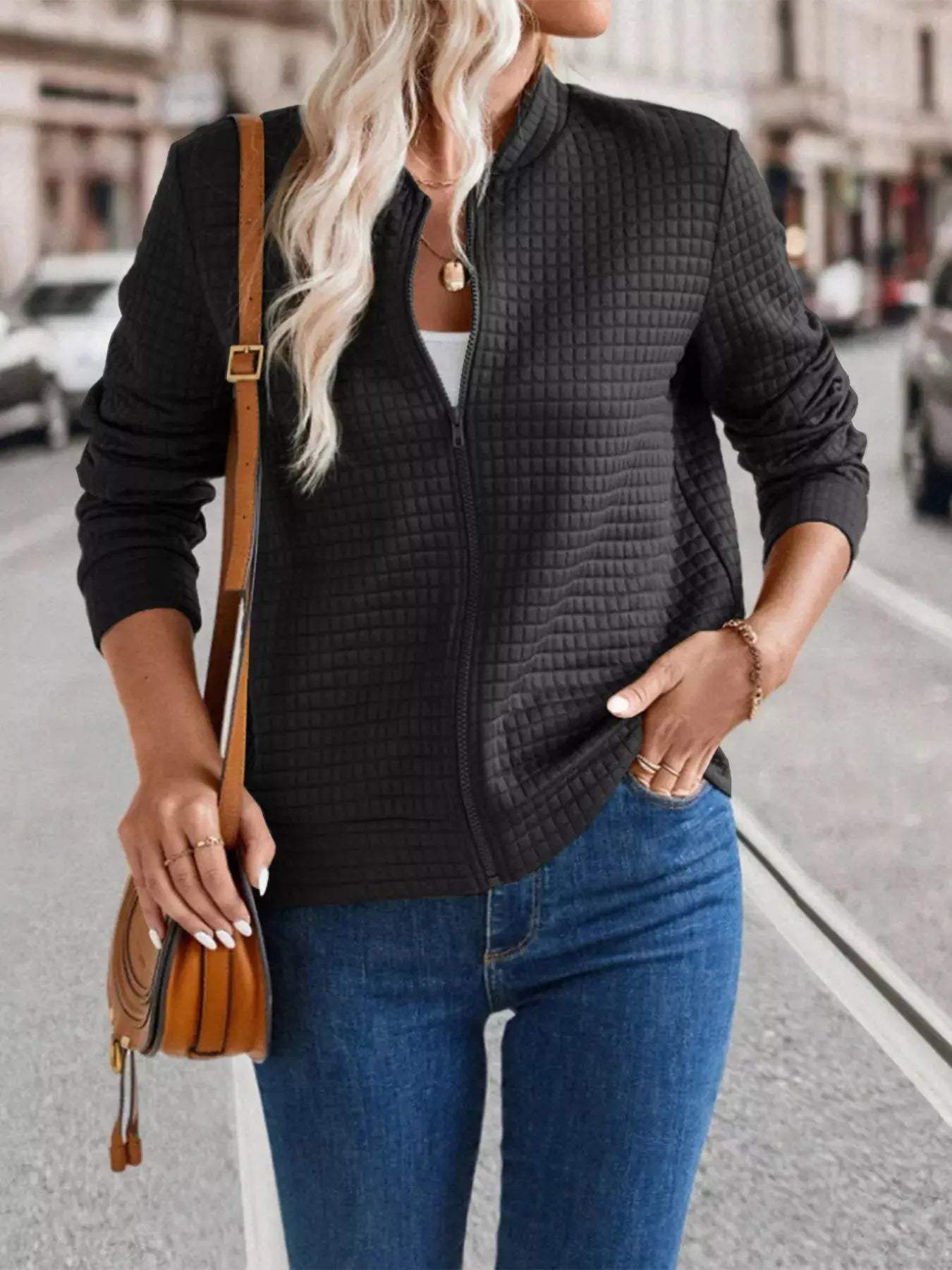 Textured Zip-Up Long Sleeve Jacket  Style Ratio