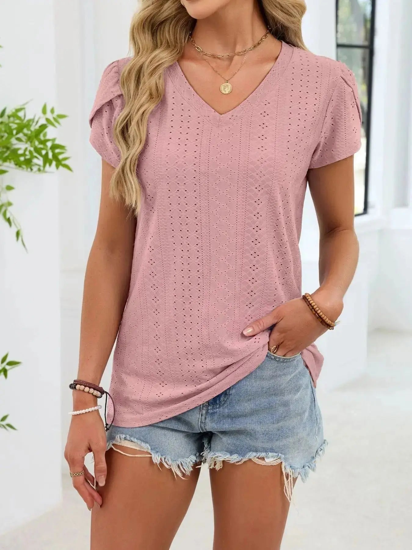 Eyelet Petal Sleeve V Neck Shirt  Style Ratio