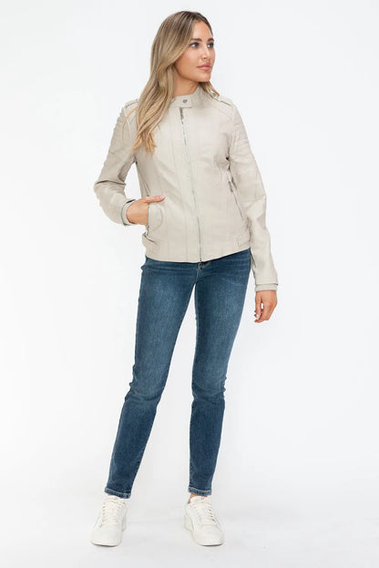 Snobbish Leather Biker Jacket with Side Zip Pockets Trendsi