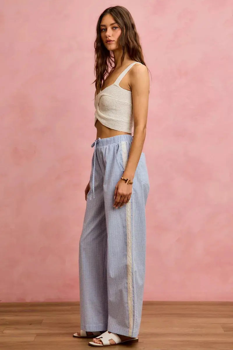 SO ME Wide Check  Pants With Side Lace Trim And Piping  Style Ratio