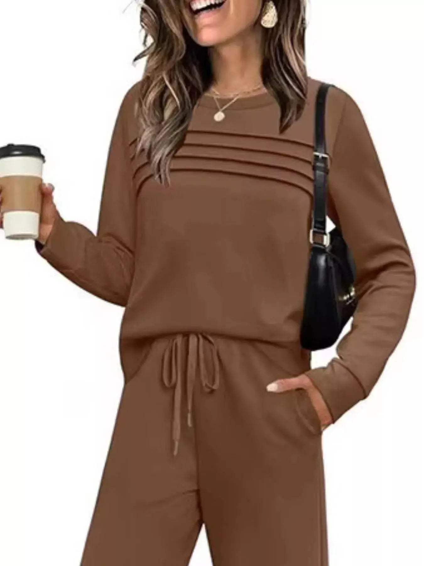 Full Size Long Sleeve Round Neck Top and Pants Set  Style Ratio