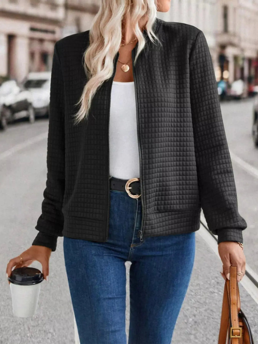 Textured Zip-Up Long Sleeve Jacket  Style Ratio