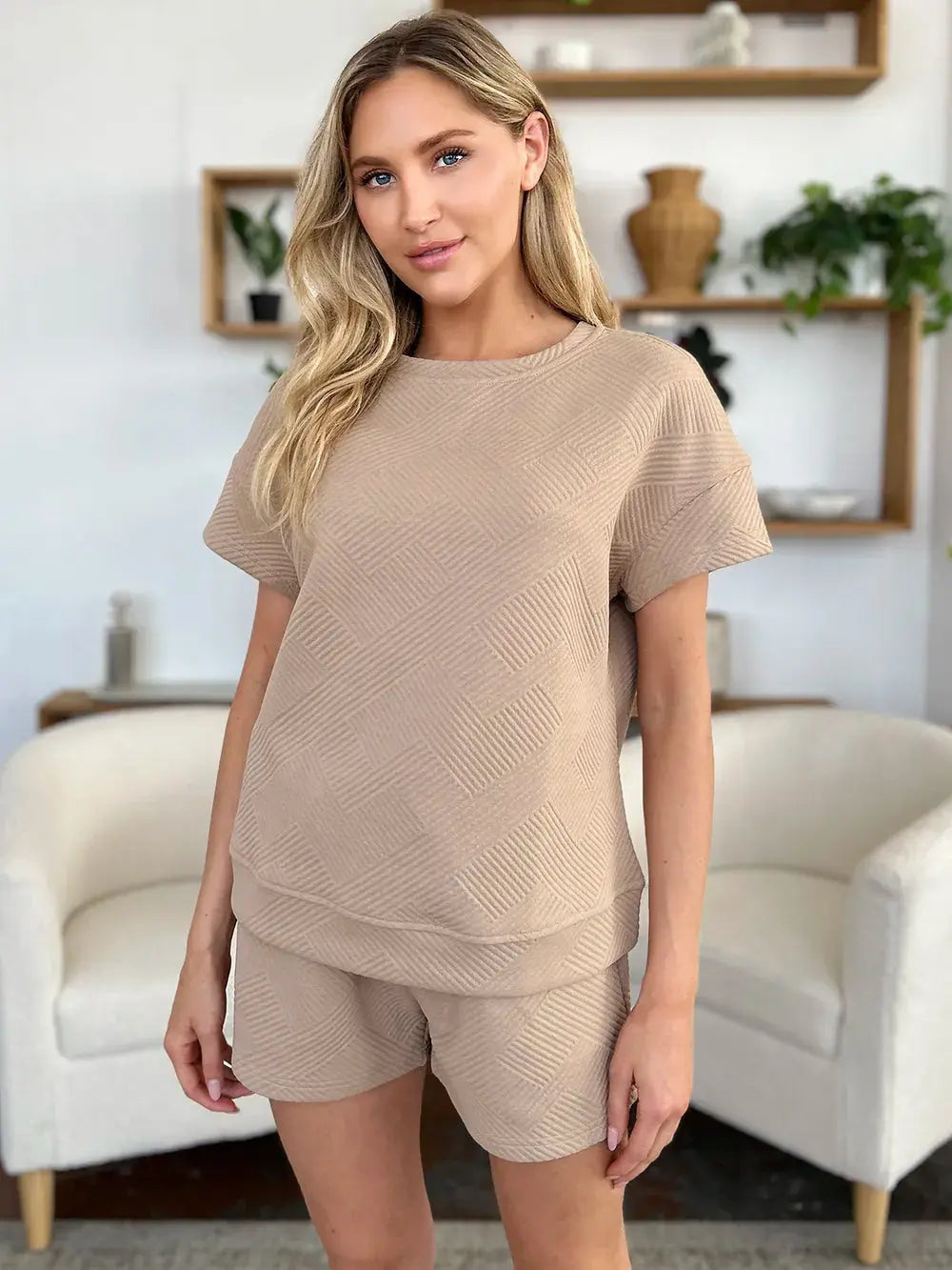 Double Take Full Size Texture Short Sleeve T-Shirt and Drawstring Shorts Set  Style Ratio