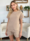 Double Take Full Size Texture Short Sleeve T-Shirt and Drawstring Shorts Set  Style Ratio