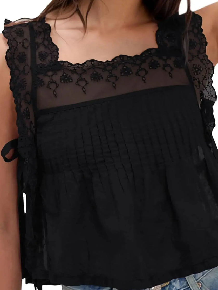 Lace-Trimmed Eyelet Square Neck Top  Style Ratio