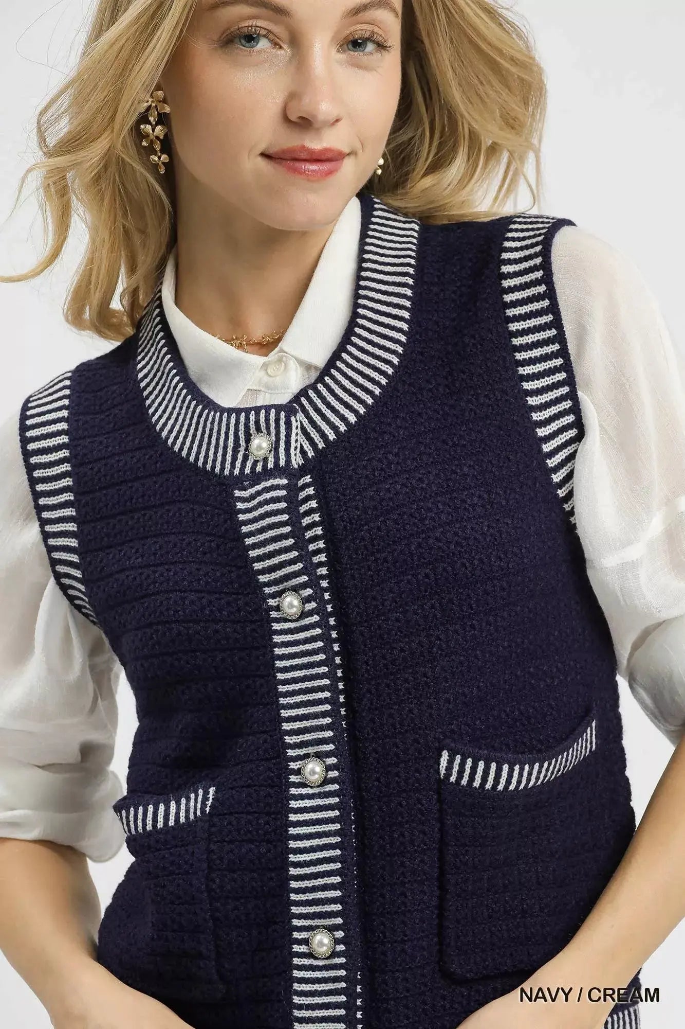 Umgee Contrast Striped Trim Button Down Sweater Vest  Style Ratio