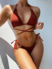 Textured Halter Neck Tie Side Bikini  Style Ratio