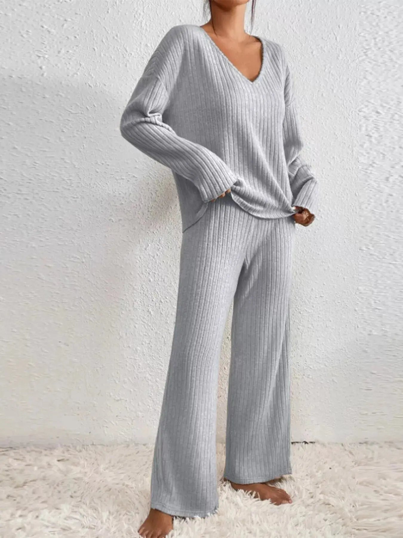 Ribbed V-Neck Top and Pants Loungewear  Style Ratio