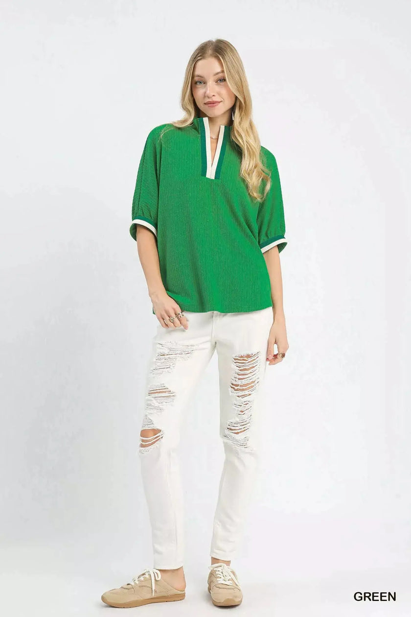 Umgee Textured Knit Top with Striped Contrast Trim  Style Ratio