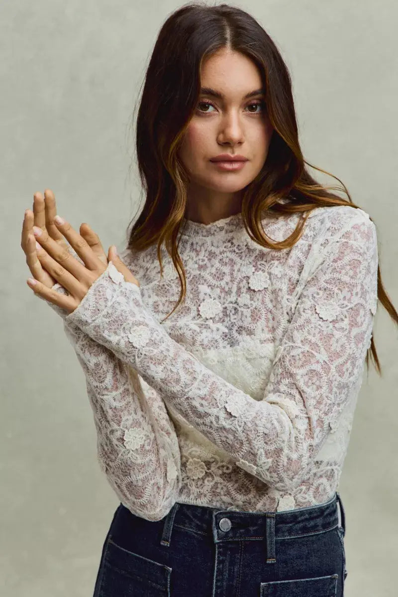 SO ME Lace 3d Effect Floral Layering Long Sleeve Top  Style Ratio