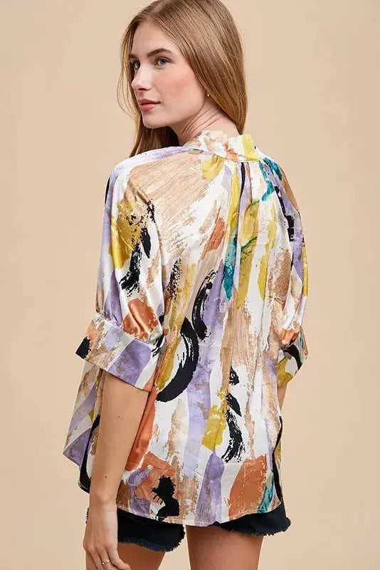 Annie Wear Multi Color Printed V-Neck Open Woven Blouse  Style Ratio