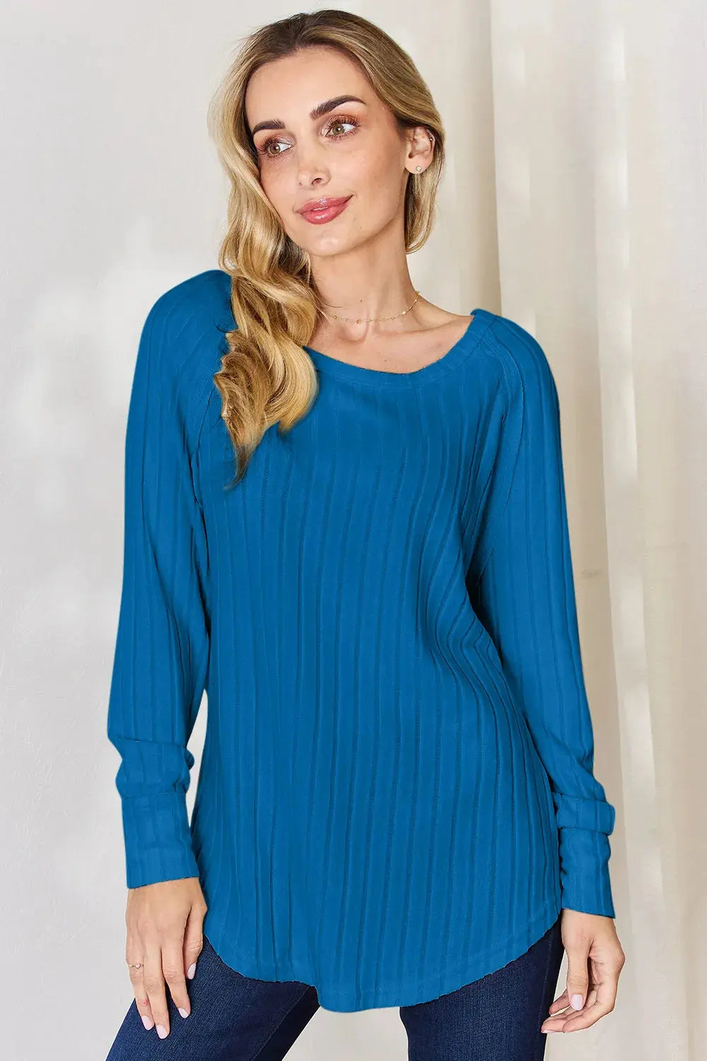 Basic Bae Full Size Ribbed Round Neck Long Sleeve Shirt  Style Ratio