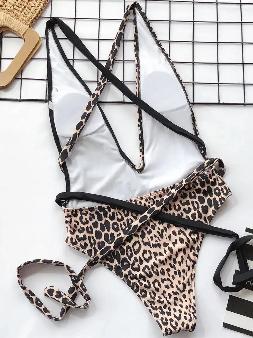 Tied Leopard Plunge One-Piece Swimwear  Style Ratio