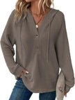 Full Size Button Detail Waffle Knit Hoodie  Style Ratio