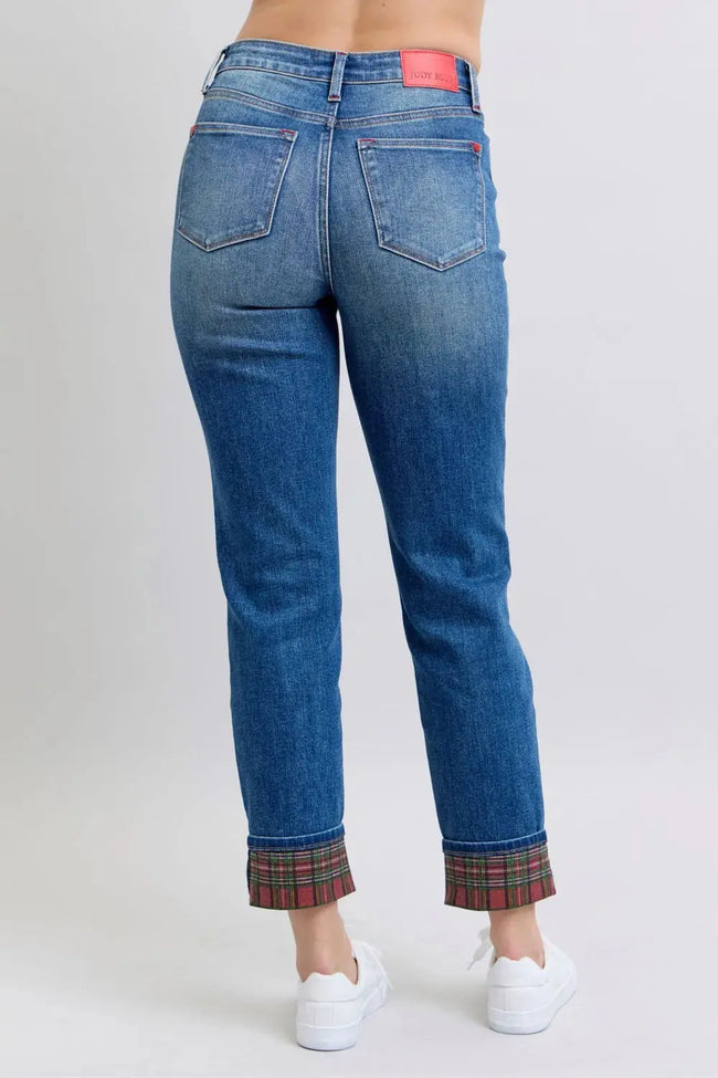 Judy Blue Full Size Plaid Print Cuff Straight Leg Jeans with Pockets  Style Ratio