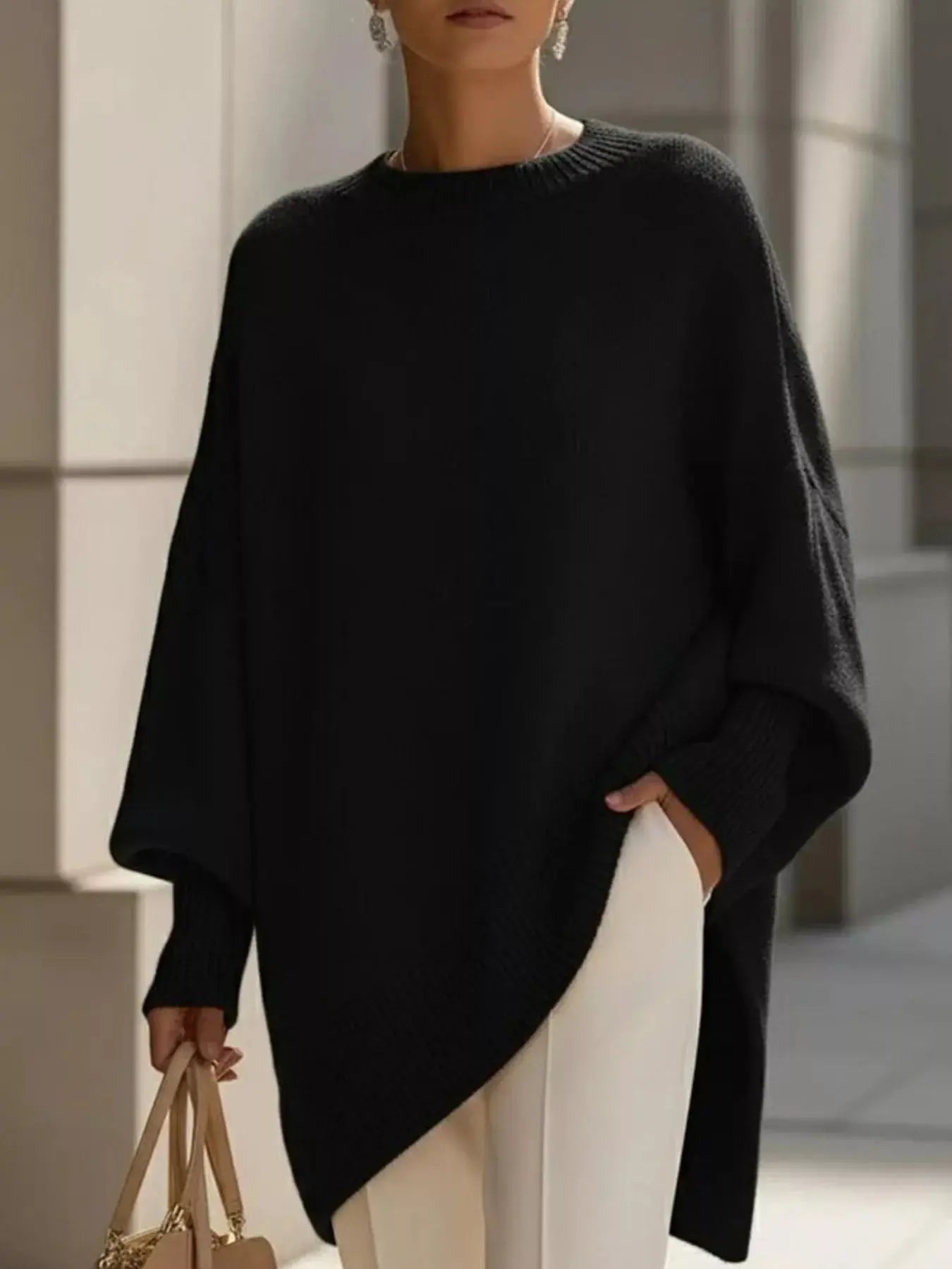 Ribbed Batwing Sleeve Oversized Sweater  Style Ratio