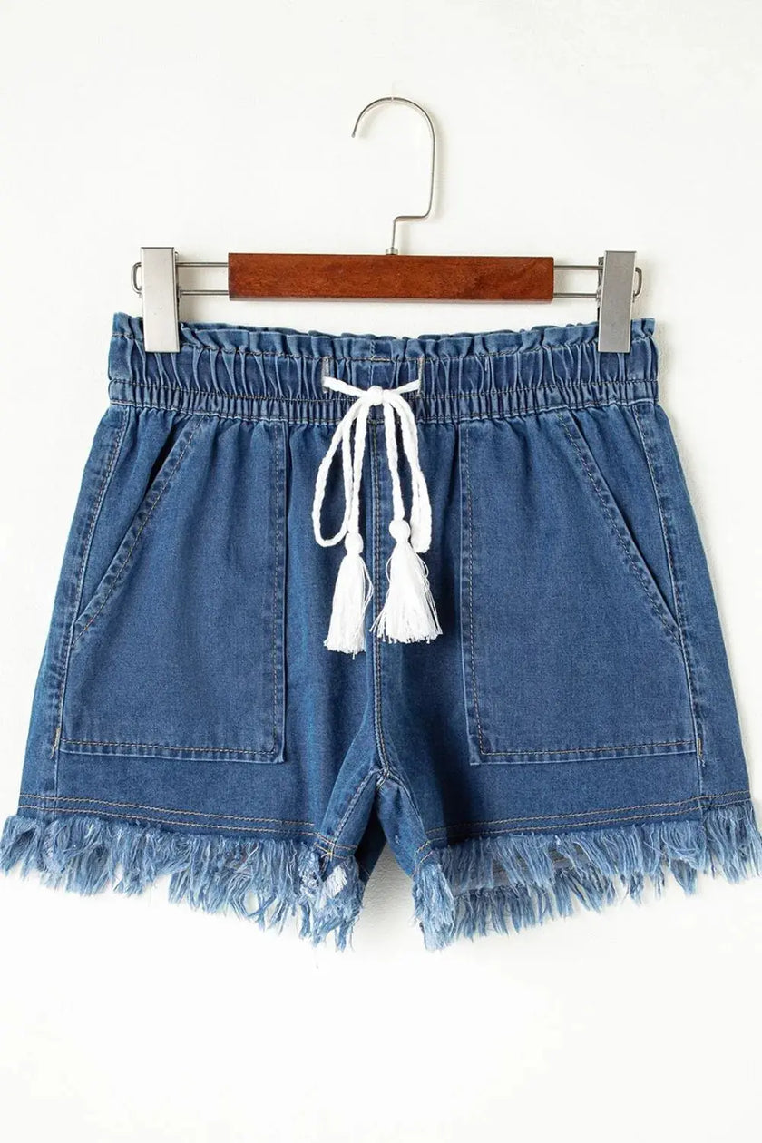 Raw Hem Drawstring High Waist Denim Shorts with Pockets  Style Ratio