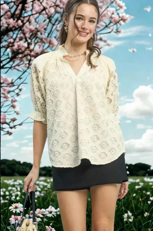 Umgee Linen V-Neck Lace Puff Sleeve Top  Style Ratio