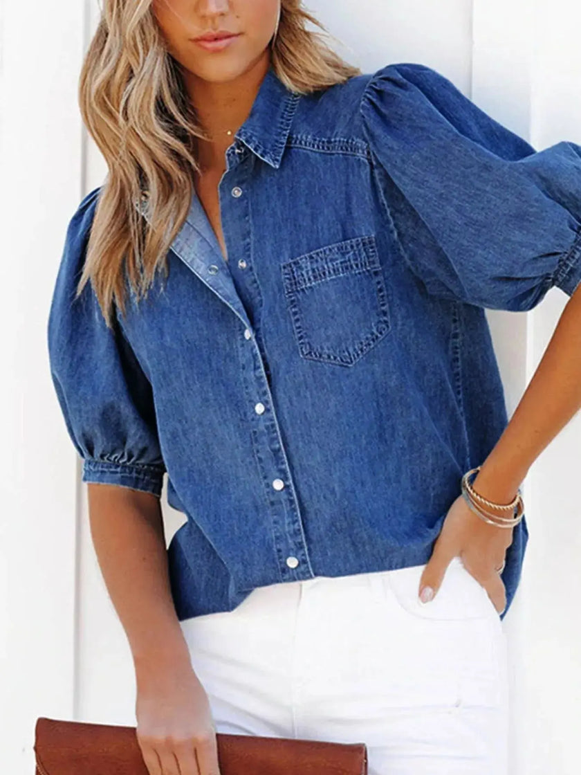 Puff Sleeve Button-Down Denim Top  Style Ratio