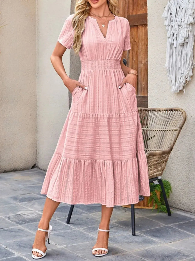 Tiered Notched Short Sleeve Dress  Style Ratio