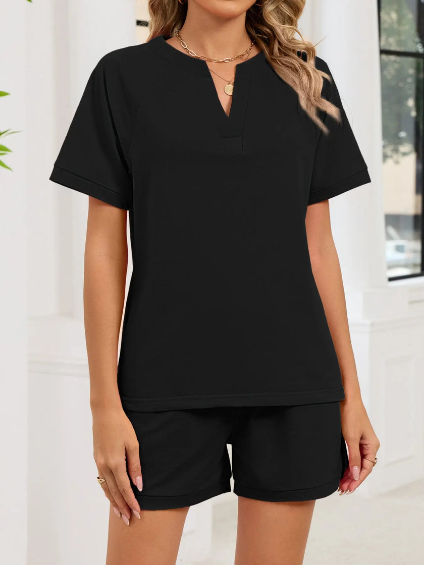 Notched Short Sleeve Top and Shorts Set  Style Ratio