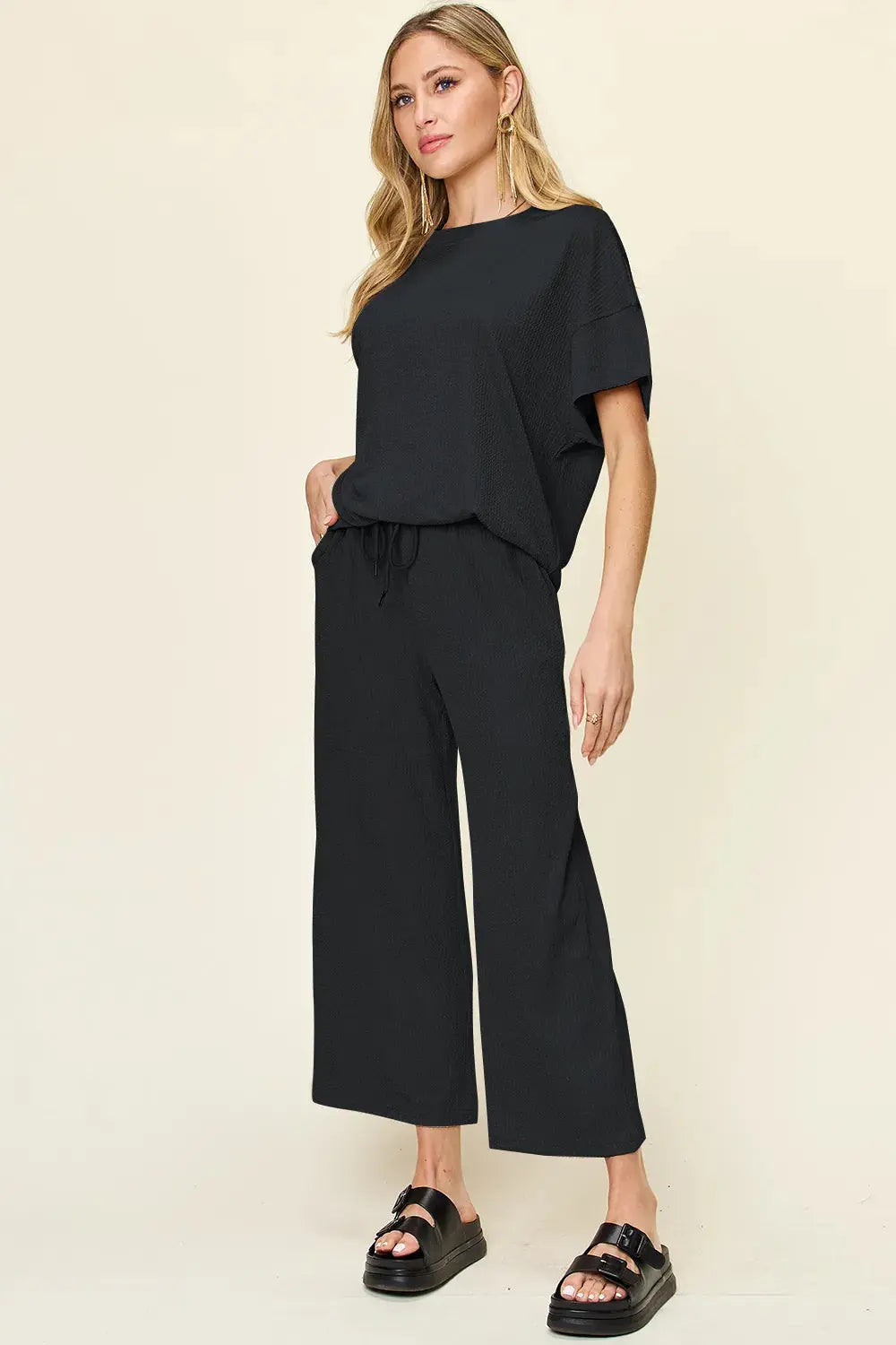 Double Take Texture Round Neck Short Sleeve Shirt and Wide Leg Pants  Style Ratio