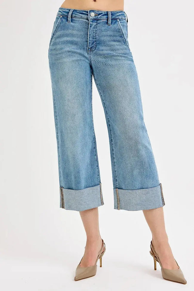 RISEN Full Size Tummy Control High Rise Ankle Wide Cuffed Jeans  Style Ratio