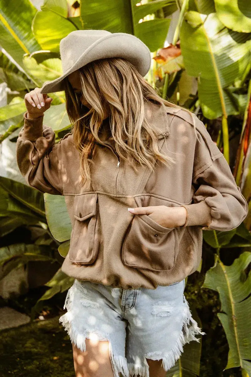 BiBi Half Zip Vintage Washed Fleece Pullover Jacket  Style Ratio