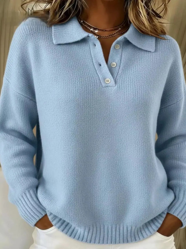 Full Size Half Button Collar Drop Shoulder Sweater  Style Ratio